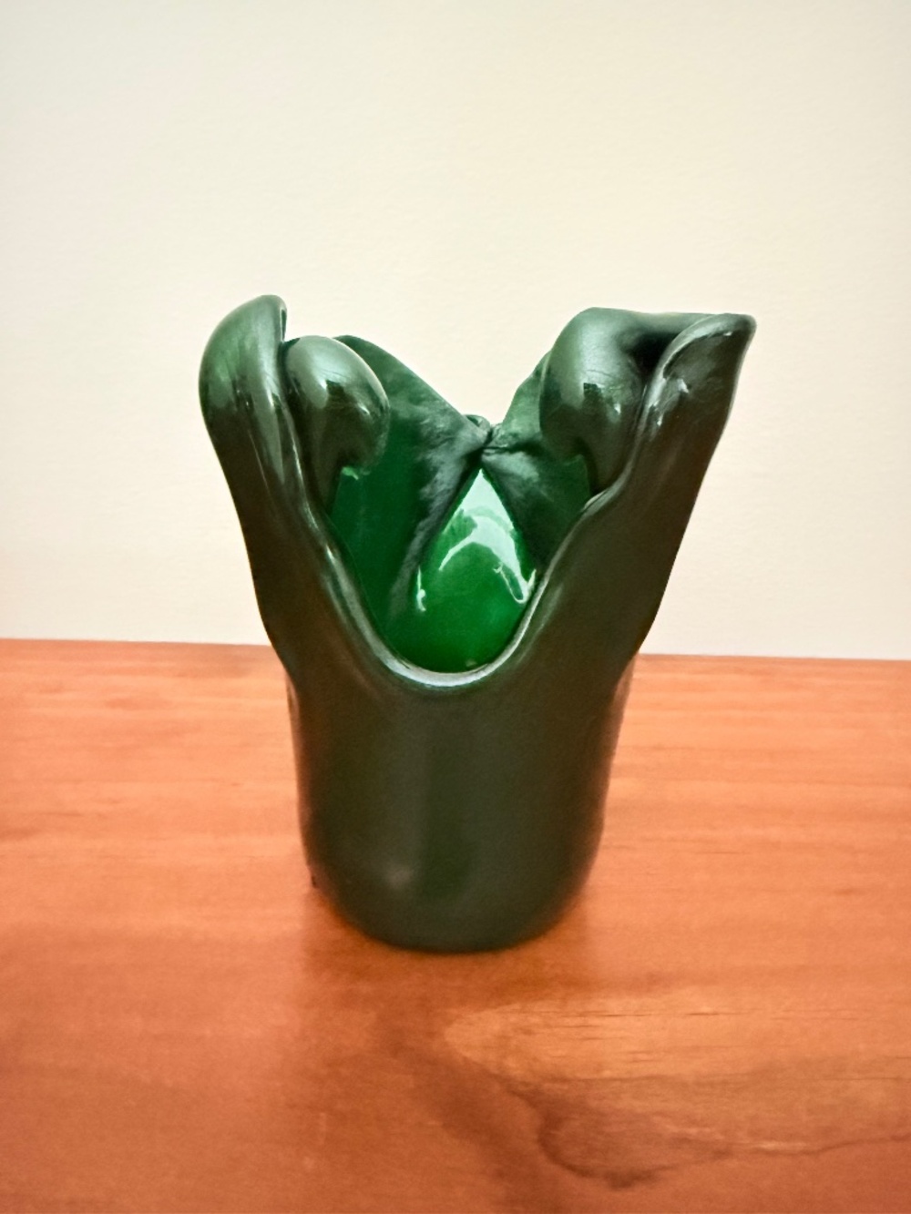 Unique Asymmetrical Handkerchief Swung Signed Vase Dark Green w Metallic Tones